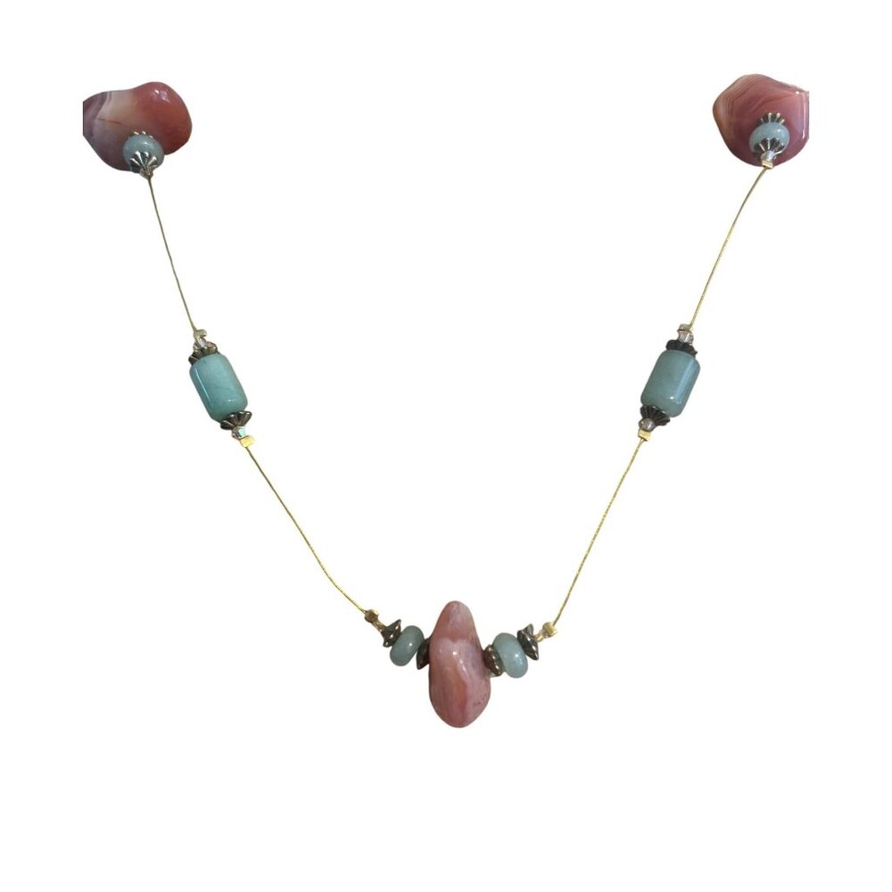 Vintage Gold Tone Necklace Jade Agate Pink Green Toggle Clasp Genuine Stone 22"